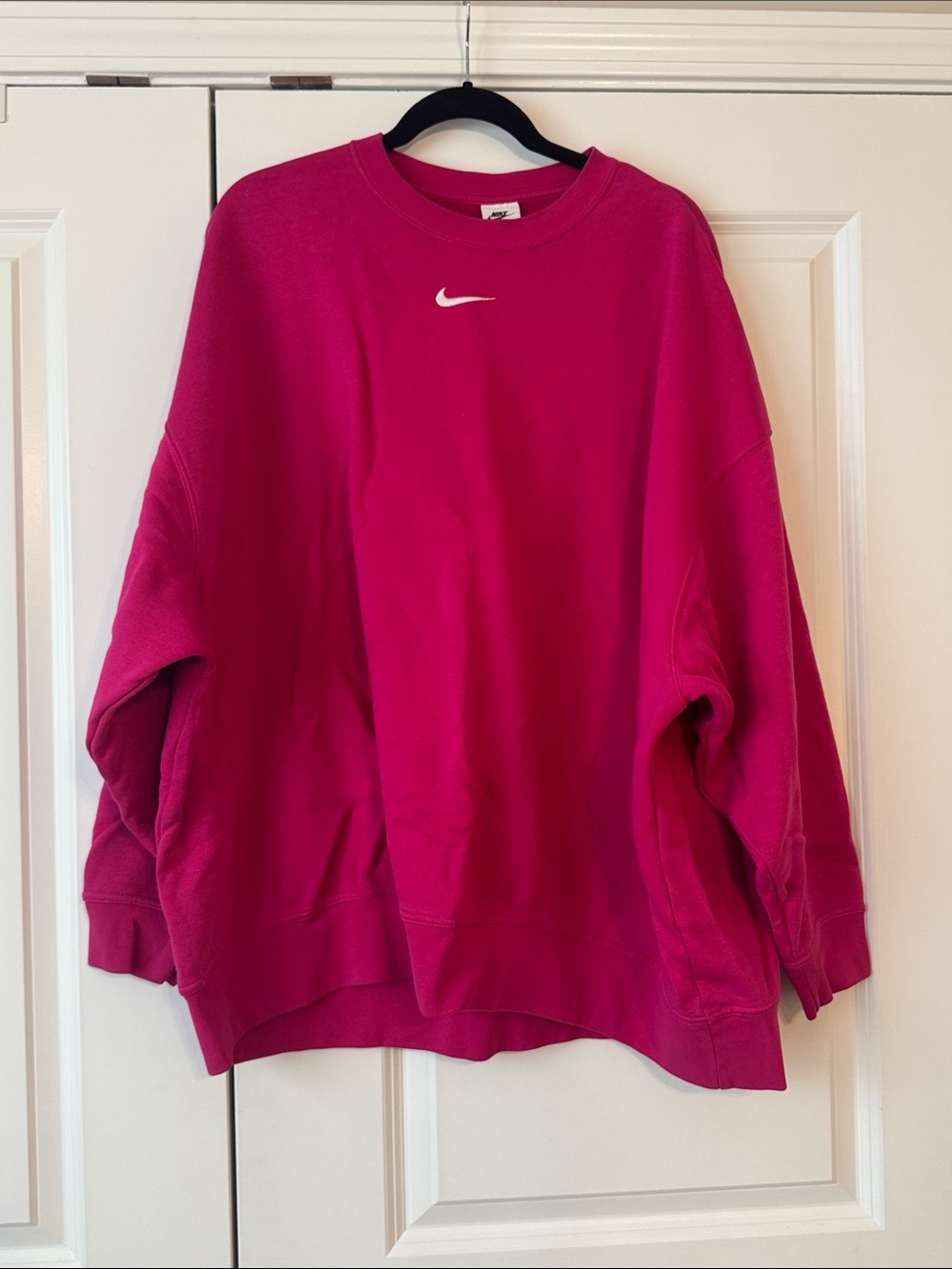 Nike Women's Hot Pink Oversized Crewneck Sweatshirt with White Swoosh